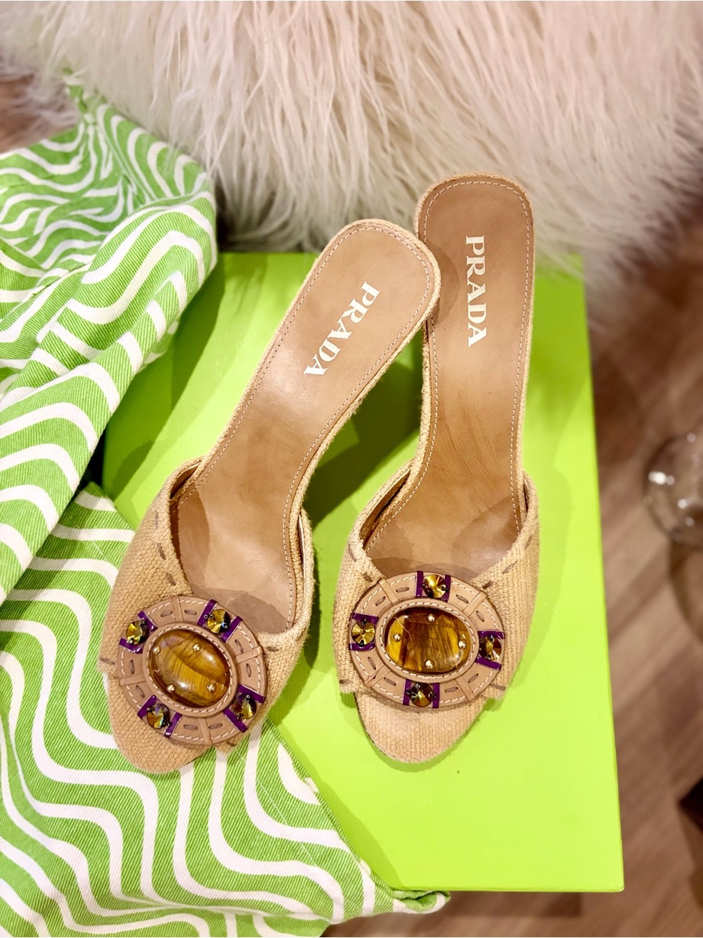 Prada Beige Tan Slide Mules with Amber & Purple Jewel Detail - Picture 4 of 8